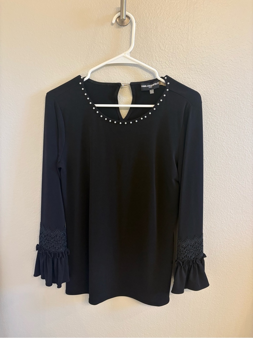 Karl Lagerfeld Paris Black Pearl-Trim Long Sleeve Top